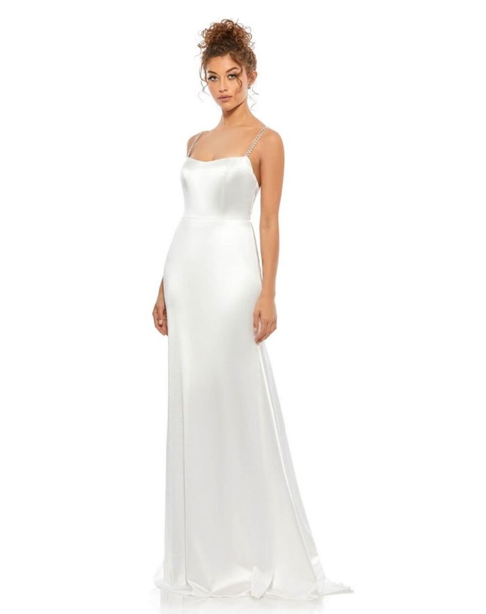 NWOT IEENA for Mac Duggal White Rhinestone Straps Satin Gown Sweep Train Size 10